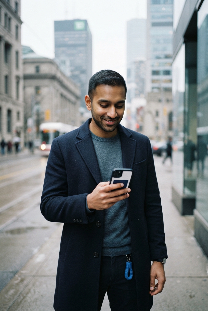 Smiling man in a navy coat looks at his smartphone on a city sidewalk.