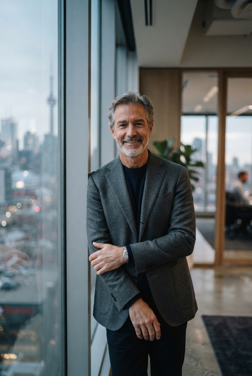 Smiling gray-haired man in a charcoal blazer stands beside an office window overlooking a blurred city skyline.