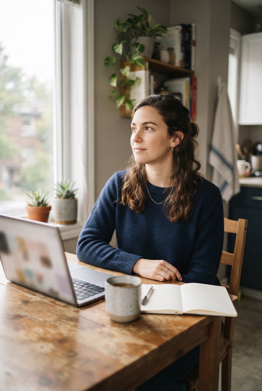 Woman in a navy sweater sits at a wooden table with a laptop, mug, notebook, and plants by a window.